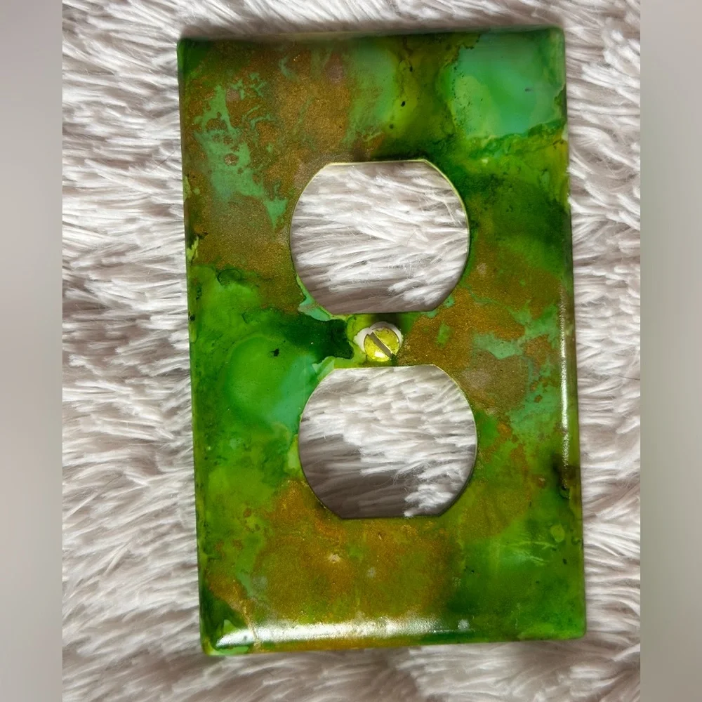 Hand crafted shades of Green and gold Abstract Art switch plate cover